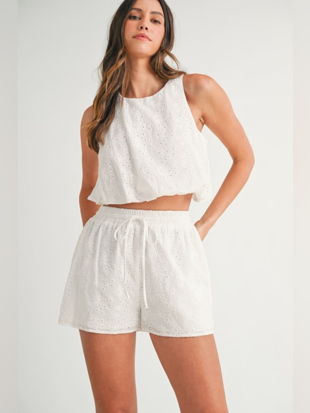 MABLE Eyelet Bubble Hem Sleeveless Top and Shorts Set